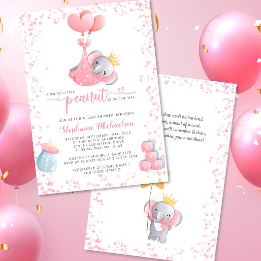 Invitation Fille Eléphant Douce Petit Baby shower d'arachide