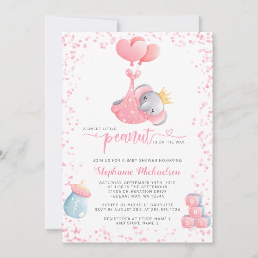 Invitation Fille Eléphant Douce Petit Baby shower d'arachide (Devant)