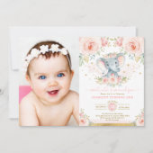 Invitation Fille Eléphant Floral Rose Blush 1er fête d'annive (Devant)