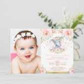 Invitation Fille Eléphant Floral Rose Blush 1er fête d'annive (Debout devant)