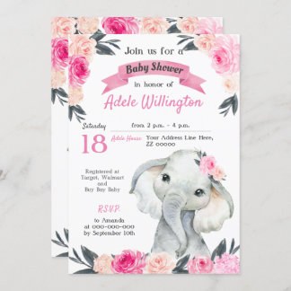Invitation Fille Eléphant Floral Roses Rose Rustique Élégant