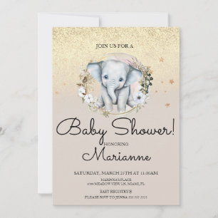 Invitation Fille éléphant garçon bébé Faux or Paillettes