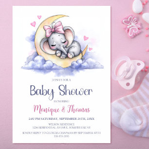 Invitation Fille Éléphant Lune Baby Shower