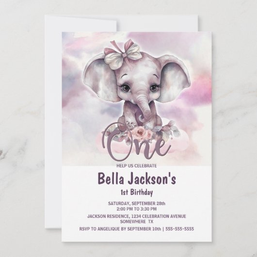 Invitation Fille Eléphant Rose 1er anniversaire (Devant)