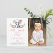 Invitation Fille Eléphant Rose Floral 1er Anniversaire Photo (Debout devant)