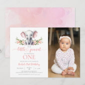 Invitation Fille Eléphant Rose Floral 1er Anniversaire Photo (Devant / Derrière)