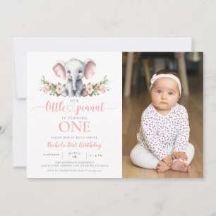 Invitation Fille Eléphant Rose Floral 1er Anniversaire Photo