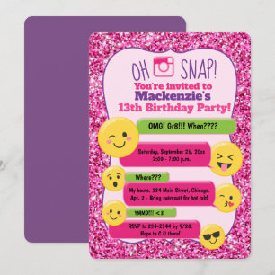 Invitation Fille Emoji Fête d'anniversaire Rose Paillettes