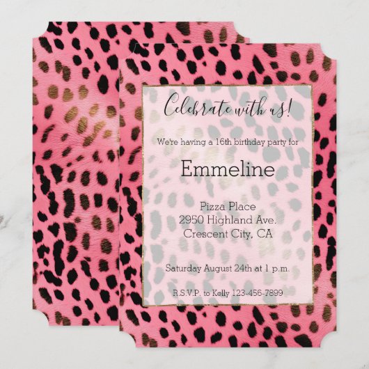 Invitation Fille Empreinte de léopard noir rose (Devant / Derrière)
