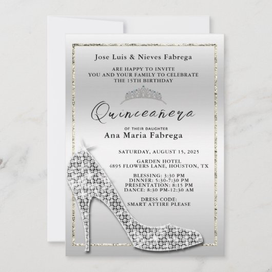 Invitation Fille en argent Stiletto Quinceañera fête d'annive (Devant)