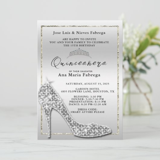 Invitation Fille en argent Stiletto Quinceañera fête d'annive (Debout devant)