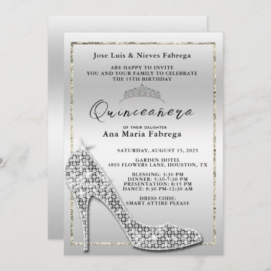 Invitation Fille en argent Stiletto Quinceañera fête d'annive (Devant / Derrière)