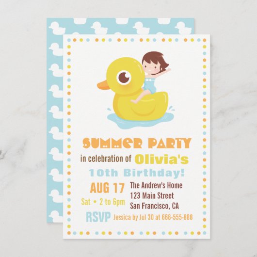 Invitation Fille en caoutchouc Poule de canard flottant Anniv (Devant / Derrière)