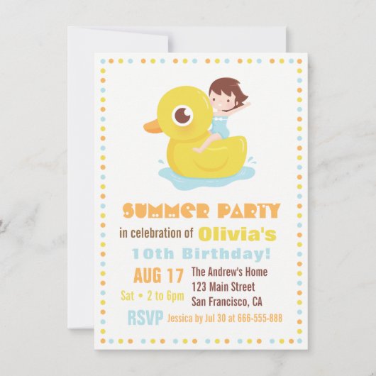 Invitation Fille en caoutchouc Poule de canard flottant Anniv (Devant)