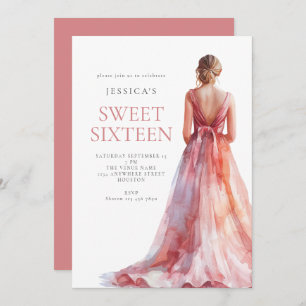 Invitation Fille en Robe Rose Sweet 16 Anniversaire Fête