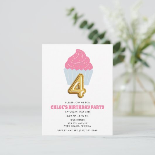 Invitation Fille enfant Cupcake 4e fête d'anniversaire (Debout devant)