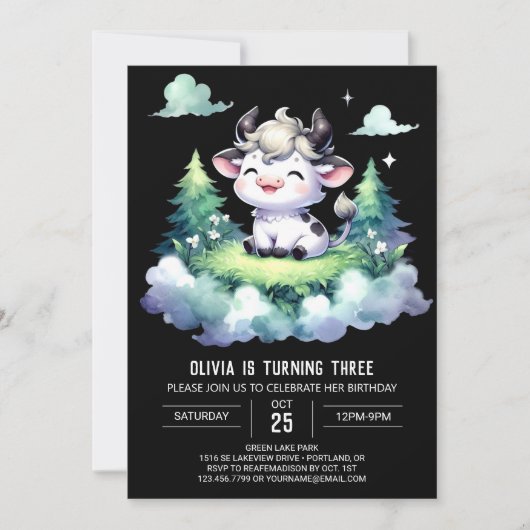 Invitation Fille Enfants Vache anniversaire (Devant)