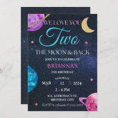 Invitation Fille Espace Extérieur 2e Anniversaire Deux La Lun (Devant / Derrière)