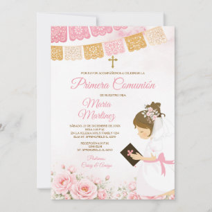 Invitation Fille espagnole à l'arc priant Rose Primera Comuni
