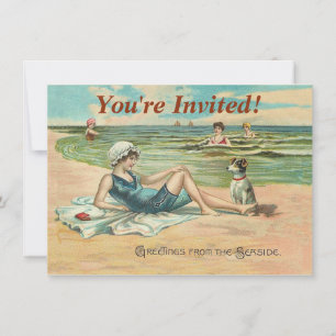 Invitation Fille et chien victoriens vintage au bord de la me