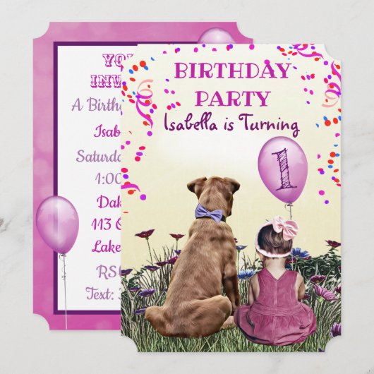 Invitation Fille et son chien Purple fête d'anniversaire (Devant / Derrière)