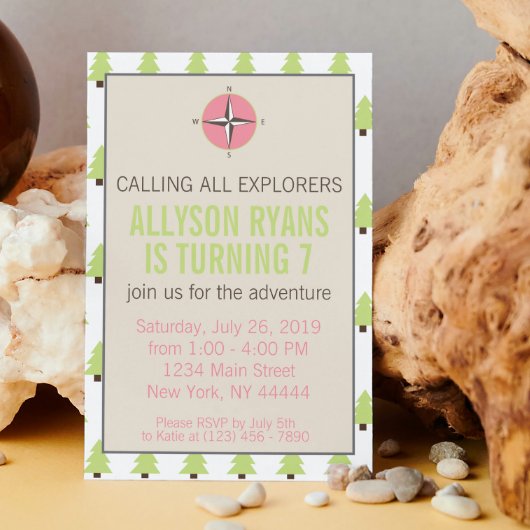 Invitation Fille Explorer, Nature, éblouissant Aventure anniv