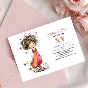 Invitation Fille Fée Douce 9ème Anniversaire Floral Rose invi