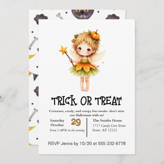 Invitation Fille Fée Mignonne à l'Halloween (Devant / Derrière)