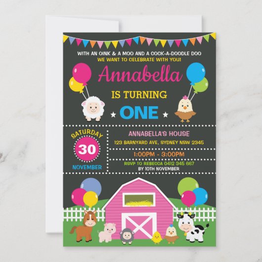 Invitation Fille ferme Barnyard Animaux rose fête d'anniversa (Devant)
