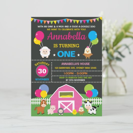 Invitation Fille ferme Barnyard Animaux rose fête d'anniversa (Debout devant)