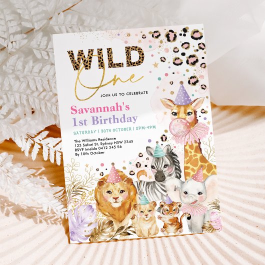 Invitation Fille Fête Animaux Empreinte de léopard Wild Un An