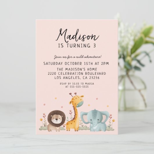 Invitation Fille Fête Animaux sauvages Anniversaire (Debout devant)