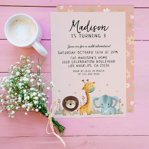 Invitation Fille Fête Animaux sauvages Anniversaire