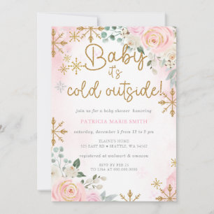Invitation Fille Fête Prénatale Flocons de Neige Roses Froid