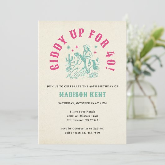 Invitation Fille-fille rose turquoise Giddy Up 40e anniversai (Debout devant)