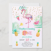 Invitation Fille Flamant rose 1er anniversaire Couleur d'eau  (Devant)