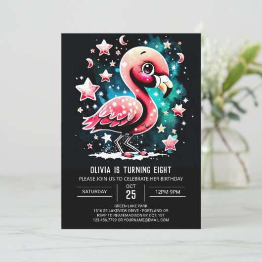 Invitation Fille Flamant rose Custom Anniversaire (Debout devant)