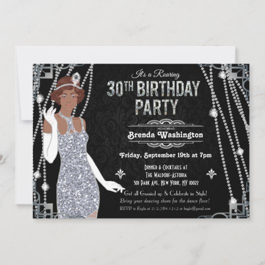 Invitation Fille flapper afro-américaine 30 ans (Devant)