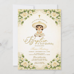 Invitation Fille Fleur Blanche Or Charra Baptême 1er Annivers