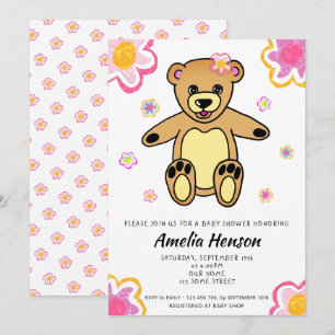 Invitation Fille Fleur d'Ours en Peluche Fête Prénatale Flora