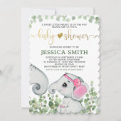 Invitation Fille Fleur Éléphant Baptême Aquarelle (Devant)