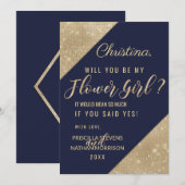 Invitation Fille Fleur en Sequins Pailletés Faux Bleu de Mari (Devant / Derrière)