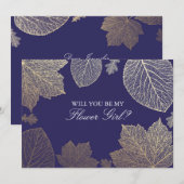 Invitation Fille Fleur Mariage Navy Automne Or (Devant / Derrière)