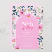 Invitation Fille Fleur sauvage rose Fille élégante 50e annive (Devant / Derrière)