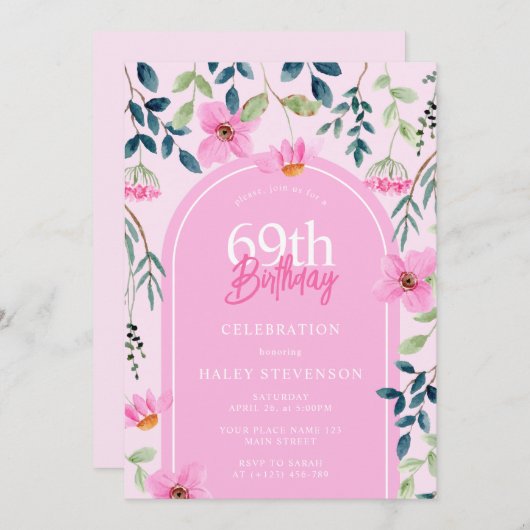 Invitation Fille Fleur sauvage rose Fille Élégante 69e annive (Devant / Derrière)