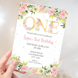 Invitation Fille Fleurs d'aquarelle premier anniversaire