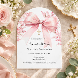 Invitation Fille fleurs ruban rose Arche Première Communion