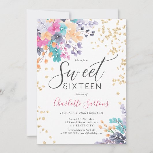 Invitation Fille fleurs sauvages script or floral doux 16 (Devant)