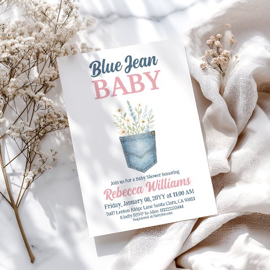Invitation Fille Floral Denim Pocket Blue Jean Baby shower