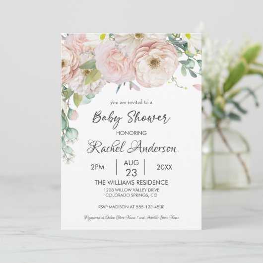 Invitation Fille Floral verdure Baby shower pastel doux (Debout devant)